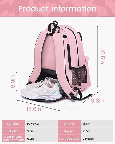 Sucipi Tennis Bag Professional Tennis Backpack for Men and Women Racket Bags Holds 2 Rackets with Ventilated Shoe Compartment - color: Pink with Shoes Compartment