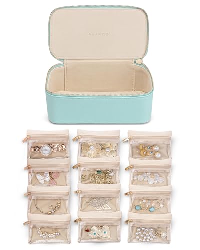 VLANDO Travel Jewelry Organizer with 12 Velvet Jewelry Bags Travel Jewelry Case for Girls Jewelry Storage Necklace Rings Earrings Bags Gifts for Women Daughter Friends(Lake Blue) - color: 12PCS-Lake Blue