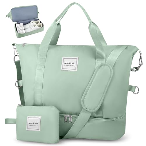 WOOMADA Weekender Bag for Women, Travel Duffel Bags with Shoe Compartment & Wet Pocket, Personal Item Bag for Airlines - color: Light Bean Green