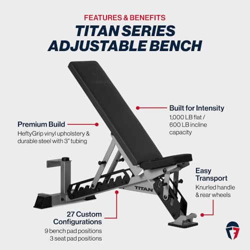 Titan Fitness TITAN Series Adjustable Bench, Supports 600 LB Incline, 1,000 LB Flat, Versatile Single Post Utility Workout Bench for Home Gym, Weightlifting, Strength Training - color: Silver