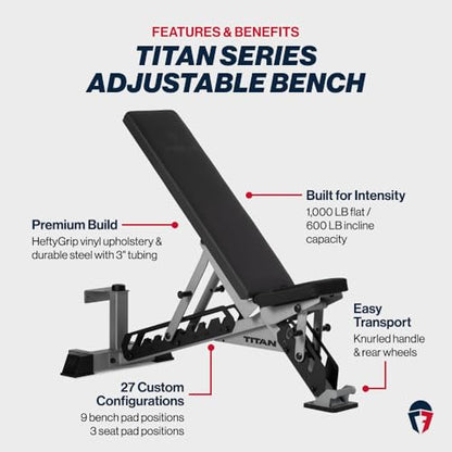 Titan Fitness TITAN Series Adjustable Bench, Supports 600 LB Incline, 1,000 LB Flat, Versatile Single Post Utility Workout Bench for Home Gym, Weightlifting, Strength Training - color: Silver