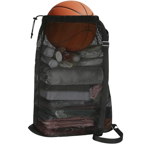 NATURAL STYLE Large Mesh Drawstring Backpack Bag, Gym Sports String Bag, Outdoor Workout Beach Swim Bag (Black) - color: Black