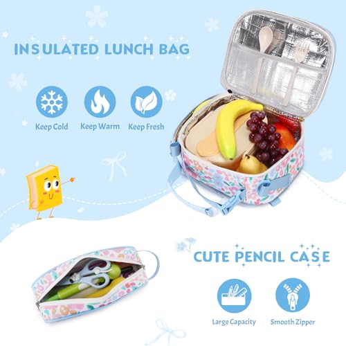 Toddler Backpack for Girls Ages 5-8, 3PCS Girls Backpack with Lunch Bag & Pencil Case - 15inch Kids School Bookbag for Preschool Kindergarten Elementary School (Flowers) - color: Flowers