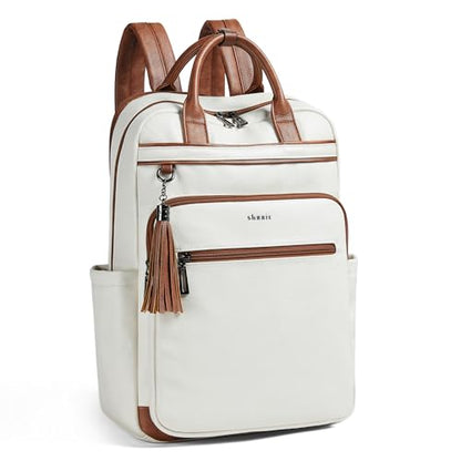 Shrrie Laptop Backpack for Women 15.6 inch Travel Leather Backpack Purse Work Computer Backpacks for Business College Beige - color: Beige