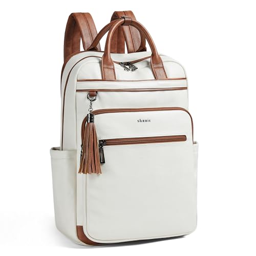 Shrrie Laptop Backpack for Women 15.6 inch Travel Leather Backpack Purse Work Computer Backpacks for Business College Beige - color: Beige