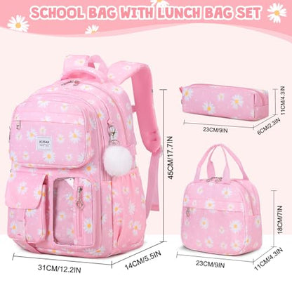ACESAK Backpack for Girls - Girls Backpack with Lunch Bag & Pencil Pouch for Teen Kids Laptop Backpack for Women, Elementary Middle High School Bookbag Travel Daypack (Pink Daisy) - color: Pink Daisy