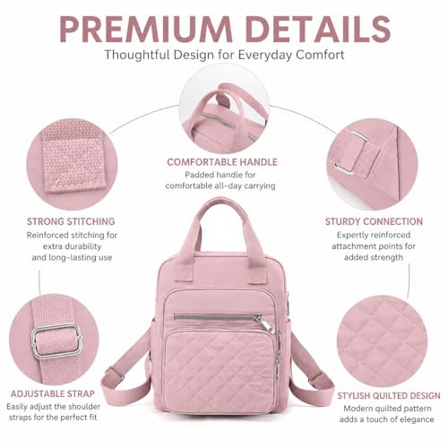 Small Backpack for Women Casual Quilted Square Bag Waterproof Multi Pockets Daypack Lightweight Top Handle Satchel - color: Pink
