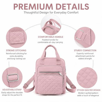 Small Backpack for Women Casual Quilted Square Bag Waterproof Multi Pockets Daypack Lightweight Top Handle Satchel - color: Pink