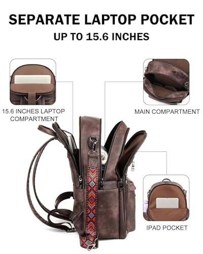 FADEON 15.6 Inch Laptop Backpack Purse for Women, Large Capacity | Vegan Leather Backpack with Padded Straps, Laptop & iPad Slots Fits 13", 14" & 15.6". Roomy for Daily, Work & Travel - color: Coffee Brown Retro Style