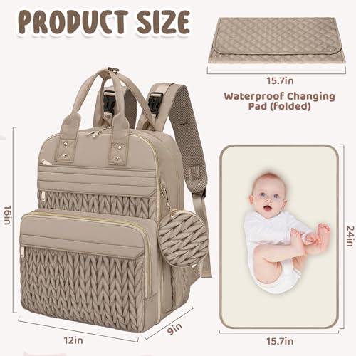Diaper Bag Backpack, Waterproof Large Baby Bag with Changing Pad, Khaki | Baby Diaper Bag, Stylish, Large Capacity, with Changing Pad, with USB Port, Stroller Strap, Pacifier Case, Travel Essentials - color: Khaki