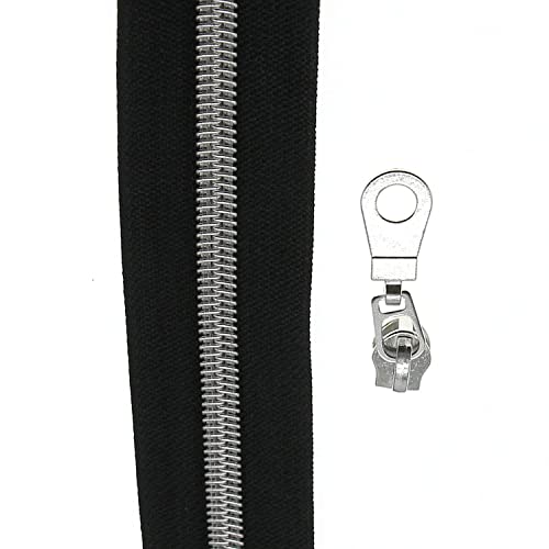 #5 Silver Metallic Nylon Coil Zippers by The Yard, Black Tape Bulk 10 Yards with 25PCS Silver Sliders Pulls for Sewing Crafts Bags YIGUANXIN - color: Black-Silver