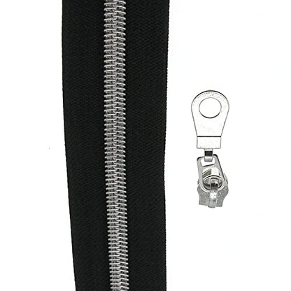 #5 Silver Metallic Nylon Coil Zippers by The Yard, Black Tape Bulk 10 Yards with 25PCS Silver Sliders Pulls for Sewing Crafts Bags YIGUANXIN - color: Black-Silver