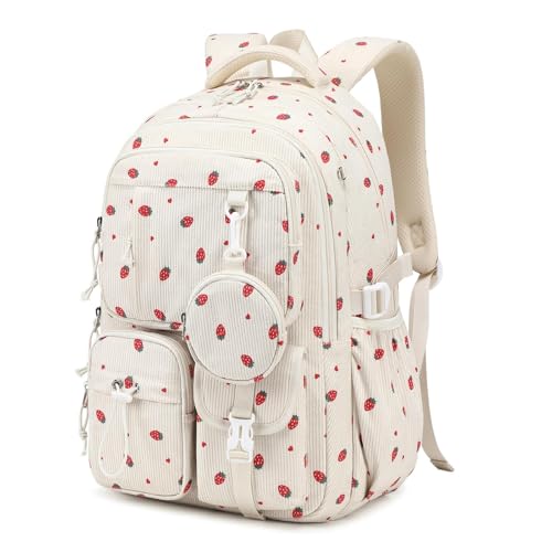 MOONBABY Girls Backpack, Kids Backpack for Girls, School bag for Primary Elementary Teenage, Middle School Students Bookbag - color: Beige Strawberry
