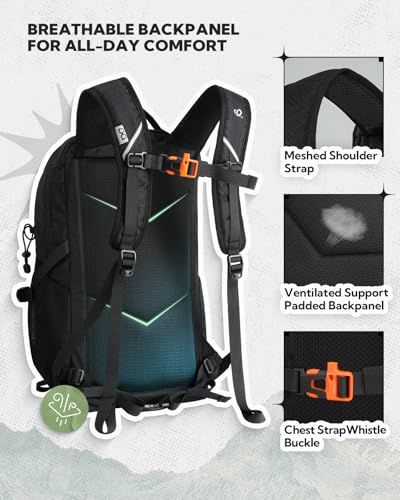 WATERFLY 20L Small Hiking Backpack for Women Men, Lightweight Breathable Back Panel, Chest Strap with Whistle, Fits 2L Water Bladder, Multi-Pocket Bag for Hiking Camping Travel Trekking Outdoor - color: Black