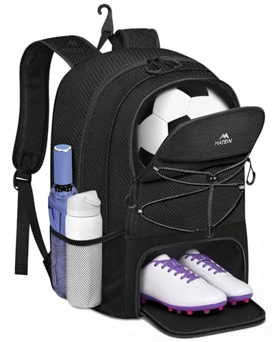 MATEIN Girls Soccer Backpack, Large Basketball Bag with Ball Holder & Shoe Compartment for Tournament & Game Day, Lightweight Youth Sports Bag with Fence Hook Fits 15.6 Inch Laptop, Soccer Team Gifts - color: Black