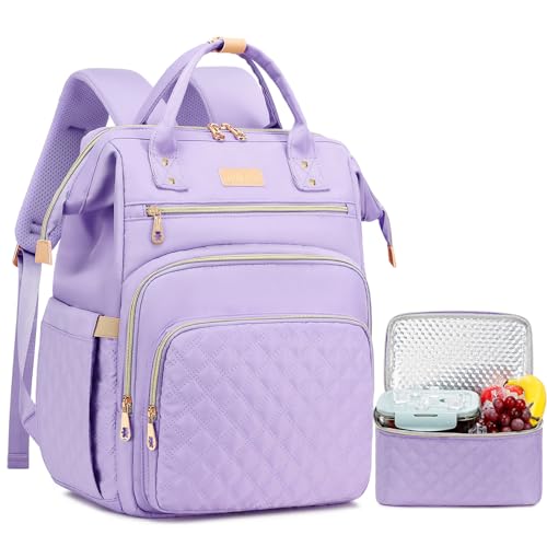 AIJIEKE Lunch Backpack for Women, 15.6 Inch Laptop Backpack with Detachable Insulated Cooler Lunch Box, 2-in-1 Water Resistant Work Computer Bag for Nurse Teacher College Commute, Purple - color: Purple
