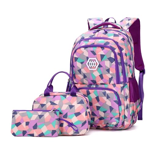 Bansusu 3Pcs Purple-a-3pcs Geometric Print Backpack and Lunch-Bag Set for Girls School Elementary Bookbags, 12.205.9016.53inch, 19 Liters - color: 3pcs-purple-a, size: Small-A-3Pcs