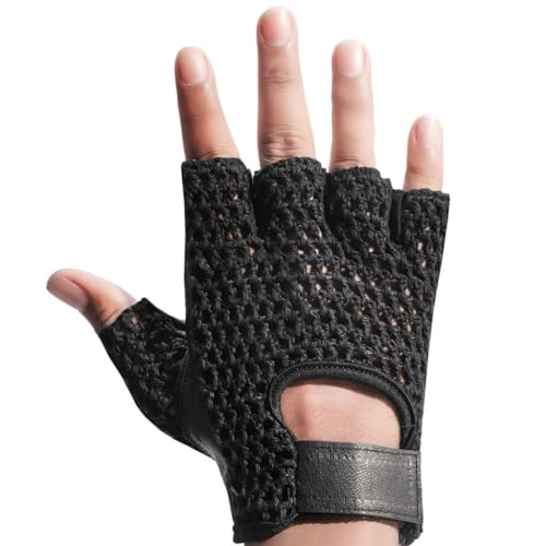 Leather Padded Crochet Back Breathable Fingerless Weight Lifting, Cycling Workout Gloves, Black (Medium)
