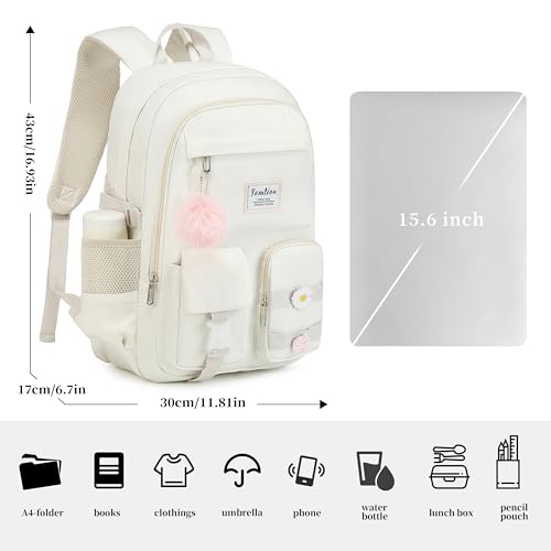 YAMTION School Backpack for Teen Girls,15.6in Laptop Backpack Kids Bookbag for Middle School College Students,Cute School Bag for Women (Beige, Fits 15.6in PC) - color: Beige