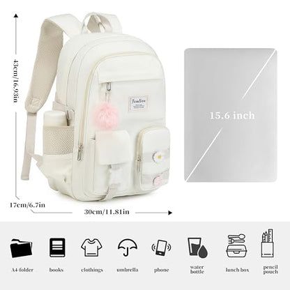 YAMTION School Backpack for Teen Girls,15.6in Laptop Backpack Kids Bookbag for Middle School College Students,Cute School Bag for Women (Beige, Fits 15.6in PC) - color: Beige