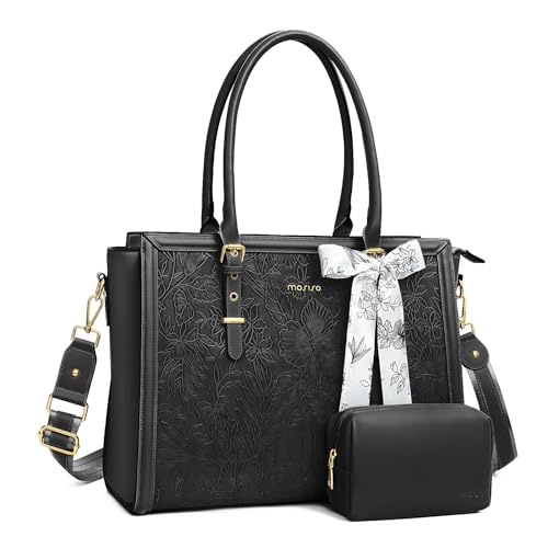 MOSISO Laptop Bag for Women, 15.6-16 inch PU Leather Tote Bag Compatible with MacBook, HP, Dell, Asus Notebook, Front Embossed Retro Hibiscus Computer Bags with Silk Scarf&Clutch Purse, Black - color: Black, size: 16 inch