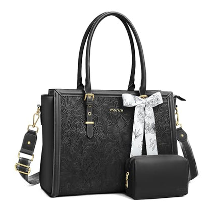 MOSISO Laptop Bag for Women, 17-17.3 inch PU Leather Tote Bag Compatible with MacBook, HP, Dell, Asus Notebook, Front Embossed Retro Hibiscus Computer Bags with Silk Scarf&Clutch Purse, Black - color: Black, size: 17.3 inch
