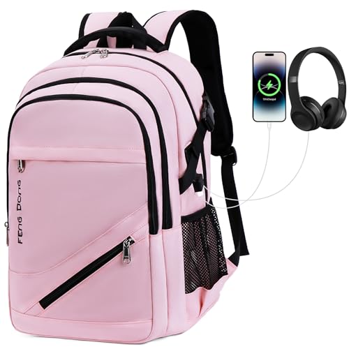 FENGDONG Large Laptop Backpack 17.3 inch Waterproof Travel College Backpack Bookbag,Crossbody Sling Bags for Men & Women Business Backpack Light Pink - color: Light Pink