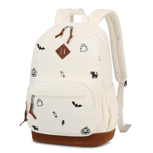 mygreen Corduroy Backpack with Cute Halloween Embroidery Daily School Bag - color: Halloween Cream White
