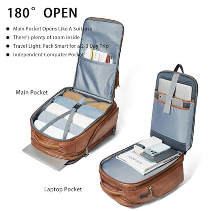 Shrrie 17 Inch Travel Laptop Backpack for Women&Men, Vegan Leather Backpack with USB Charger, Expandable Large Capacity Computer Backpack Purse for Work Business Travel, Brown - color: Two-toned Brown