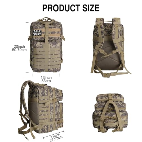 WOLT Military Tactical Backpack for Men 45L Molle Backpack 3 Day Assault Pack Bug Out Bag, Heavy Duty Rucksack for Hiking Gym, Camouflage Khaki - color: Camouflagekhaki
