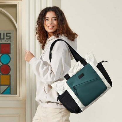 LOVEVOOK Tote Bag for Women, puffer tote bag for Work Travel Nurse, Lightweight quilted Bags with Compartments - color: M-15.6 Inch-cream-teal
