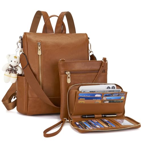 Soperwillton Women Fashion Backpack Purse Anti-Theft Leather Shoulder Bag Travel Multi Pockets Handbag Wallet Set 3pcs - color: Brown