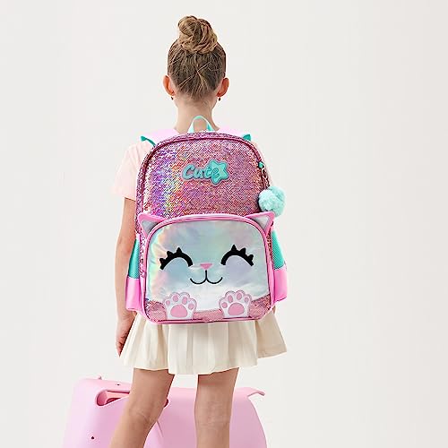 Meetbelify Cute Backpack for Girls Pink Cat School Backpacks Kids Sequin Bookbag for Elementary Kindergarten Students with Lunch Box Pencil Case for Girls 5-12 Years Old - color: Sequin Cat Pink