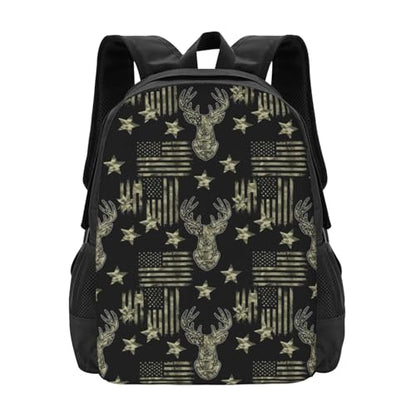 Ergonomic Padded Backpack Camouflage Hunting Deer Camo American Flag, Anti Theft Spacious Travel Daypack Sturdy Polyester Bag for Commute Gym Outdoor Leisure Use - color: Design (215)