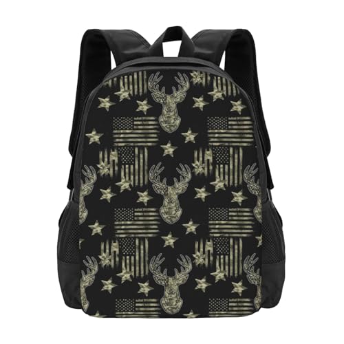 Ergonomic Padded Backpack Camouflage Hunting Deer Camo American Flag, Anti Theft Spacious Travel Daypack Sturdy Polyester Bag for Commute Gym Outdoor Leisure Use - color: Design (215)
