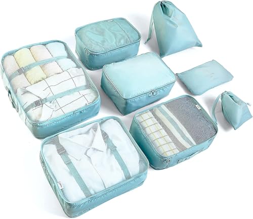LANSKLBD 6/8 Set Packing Cubes for Suitcases Travel Luggage Packing Organizers,Travel Accessories Essentials Luggage Organizer with Shoe/Tioletry/Laundry Bag (Light Blue, 8 set) - color: Light Blue, size: 8 set