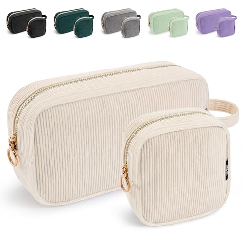 WLLWOO 2pcs Small Makeup Bag for Purse Corduroy Mini Cosmetic Pouch Ring Zipper Portable Travel Toiletry Organizer for Women Pencil Case Coin - color: Beige-2pcs