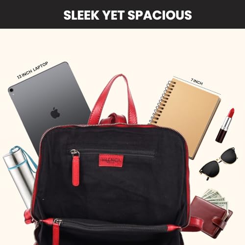 12.5 Inch Genuine Leather Backpack for Women and Men, Red Leather Backpack with Adjustable Shoulder Strap - color: Red