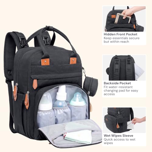 BabbleRoo Diaper Bag Backpack - Baby Essentials Travel Tote - Multi Function Water Resistant Diaper Bag, Travel Essentials Baby Bag with Changing Pad, Stroller Straps & Pacifier Case - Unisex, Black - color: Black, size: Large