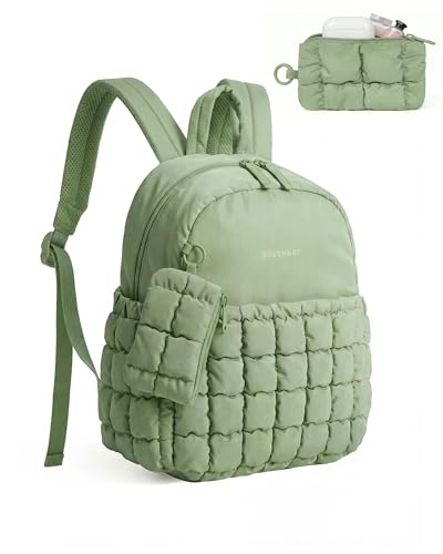 BAGSMART Mini Backpacks for Women, Puffy Checkered Quilted Small Backpack with Pouch, Lightweight Daypack Purse, Water-Resistant Bookbag for Daily Travel College, 2-in-1 Set, Sage Green - color: Sage Green