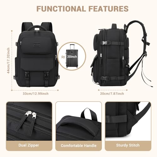 MOONBABY Travel Backpack for Women Men Carry On Flight Approved 3pcs Set Personal Item Travel Bag With Luggage Strap - color: Black