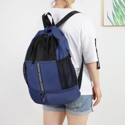 Valleycomfy Drawstring Gym Bag Sports Backpack With Shoe Compartment and Reflective Strips Dark Blue - color: Dark Blue