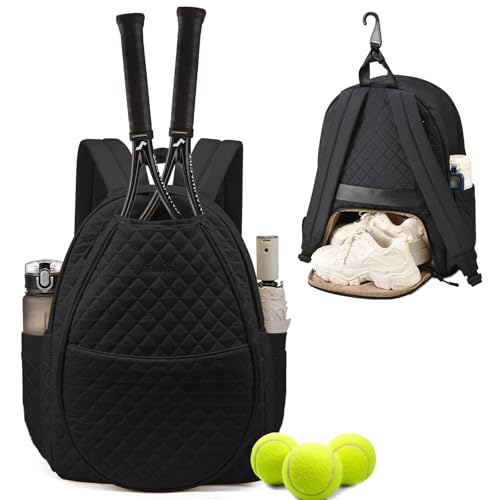 Sucipi Tennis Bags for Women, Quilted Tennis Racket Bag Backpack for Tennis Racquet, Pickleball Paddles, Badminton - color: Black, size: Large with Shoe Compartment