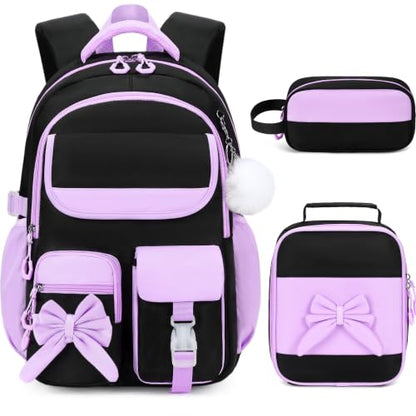 Kids Backpack for Girls, 3PCS School Backpack Set with Insulated Lunch Box & Pencil Case, Waterproof Lightweight Bookbag for Elementary & Middle School, Cute Bow Travel Daypack Black-Purple - color: Black-purple