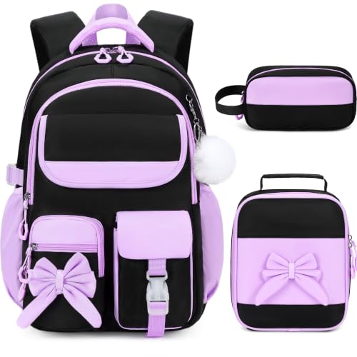 Kids Backpack for Girls, 3PCS School Backpack Set with Insulated Lunch Box & Pencil Case, Waterproof Lightweight Bookbag for Elementary & Middle School, Cute Bow Travel Daypack Black-Purple - color: Black-purple