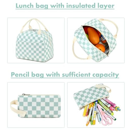 Bluboon School Backpack Set Girls Womens Laptop Bookbag Casual Daypack Fits 15 inch Laptop with Lunch Tote Bag and Pencil Bag - color: Mint Green White Checkered