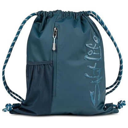 Salt Life Drawstring Backpack for Men and Women - Small Draw String Cinch Gym Bag with Water Bottle Pocket and Zipper Pocket - color: Indigo
