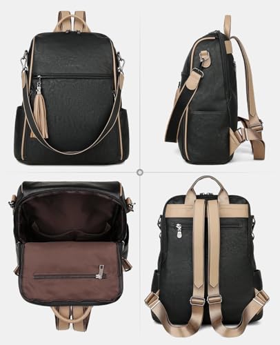 FADEON Leather Backpack Purse for Women Designer Travel Backpack Purses PU Fashion Ladies Shoulder Bag with Tassel - color: 1 Retro Black Contrast Brown