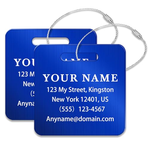 Personalized Metal Luggage Tags (2 Pack), Customizable Icon Text, Laser Engraved Waterproof Durable, for Bags, Backpack Travel, Suitcases (Blue) - color: Square Blue
