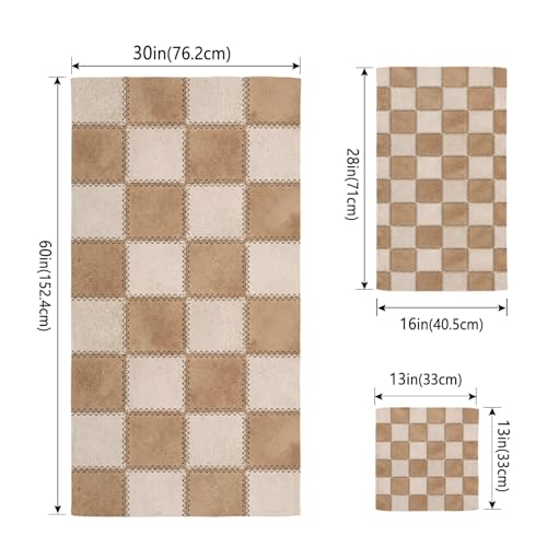 Brown Beige Checkered Bath Towels Set of 3 for Bathroom,Soft Absorbent Shower Beach Hand Face Hair Yoga Workout Gym Towel Dish Wahcloth,Modern Farmhouse Plaid Burlap Quick Dry Bath Towels+Set - color: Beige, Tan, Cream